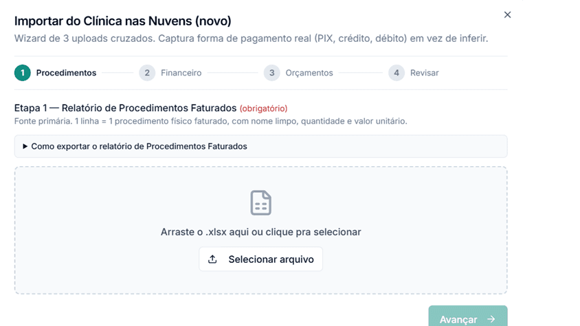 Wizard de importação de vendas do sistema de agenda da clínica